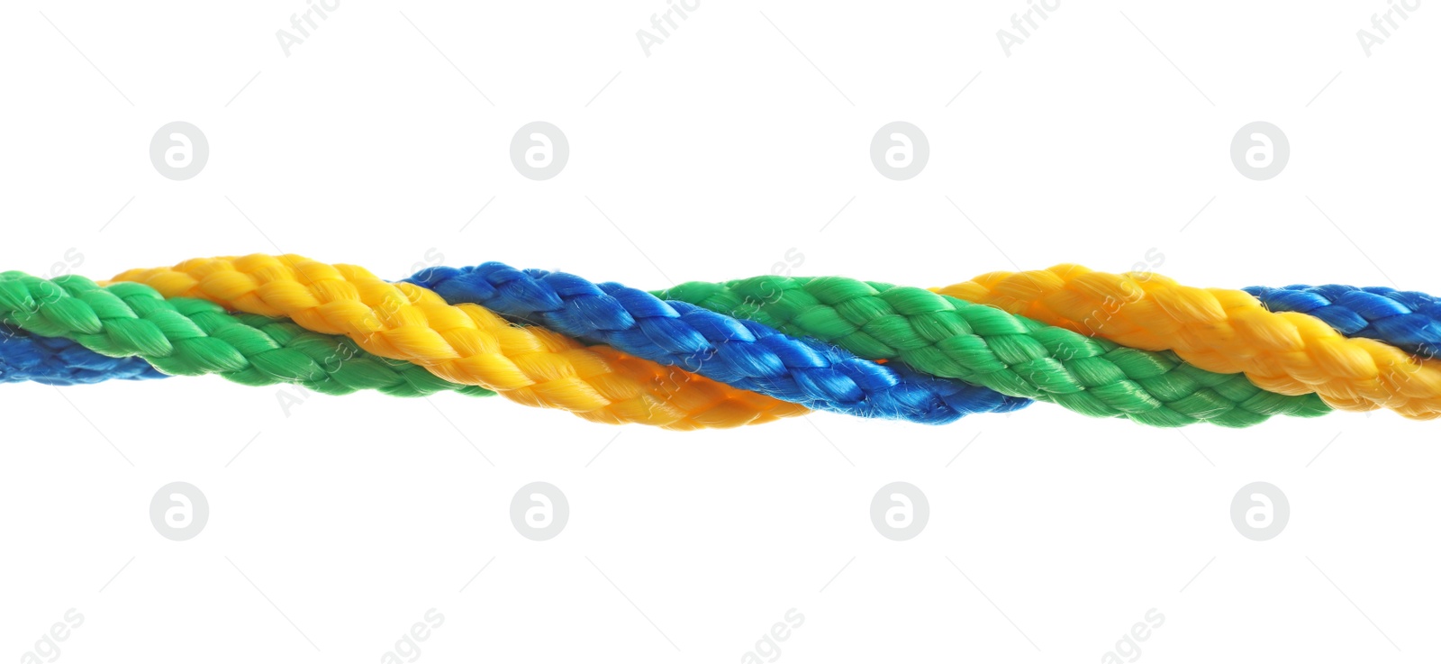 Photo of Twisted colorful ropes on white background. Unity concept