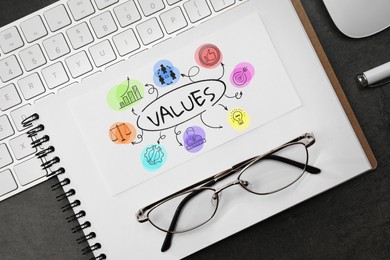 Image of Concept of core values. Notebook with different images on black table, flat lay