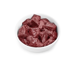 Photo of Cut raw beef liver in bowl isolated on white