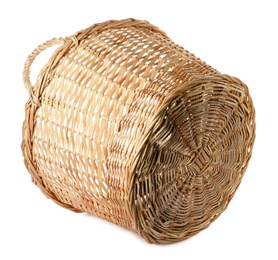 Photo of Wicker basket with handles isolated on white