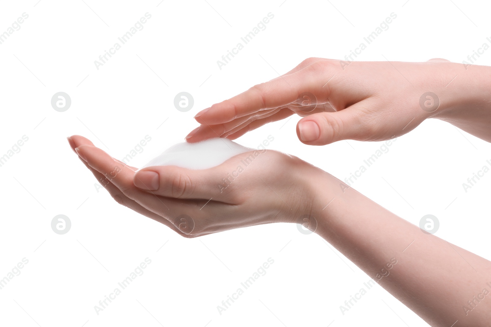 Photo of Woman with bath foam on white background, closeup