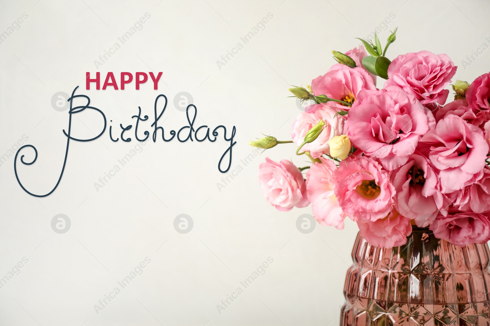 Image of Happy Birthday! Beautiful pink flowers in vase on light background