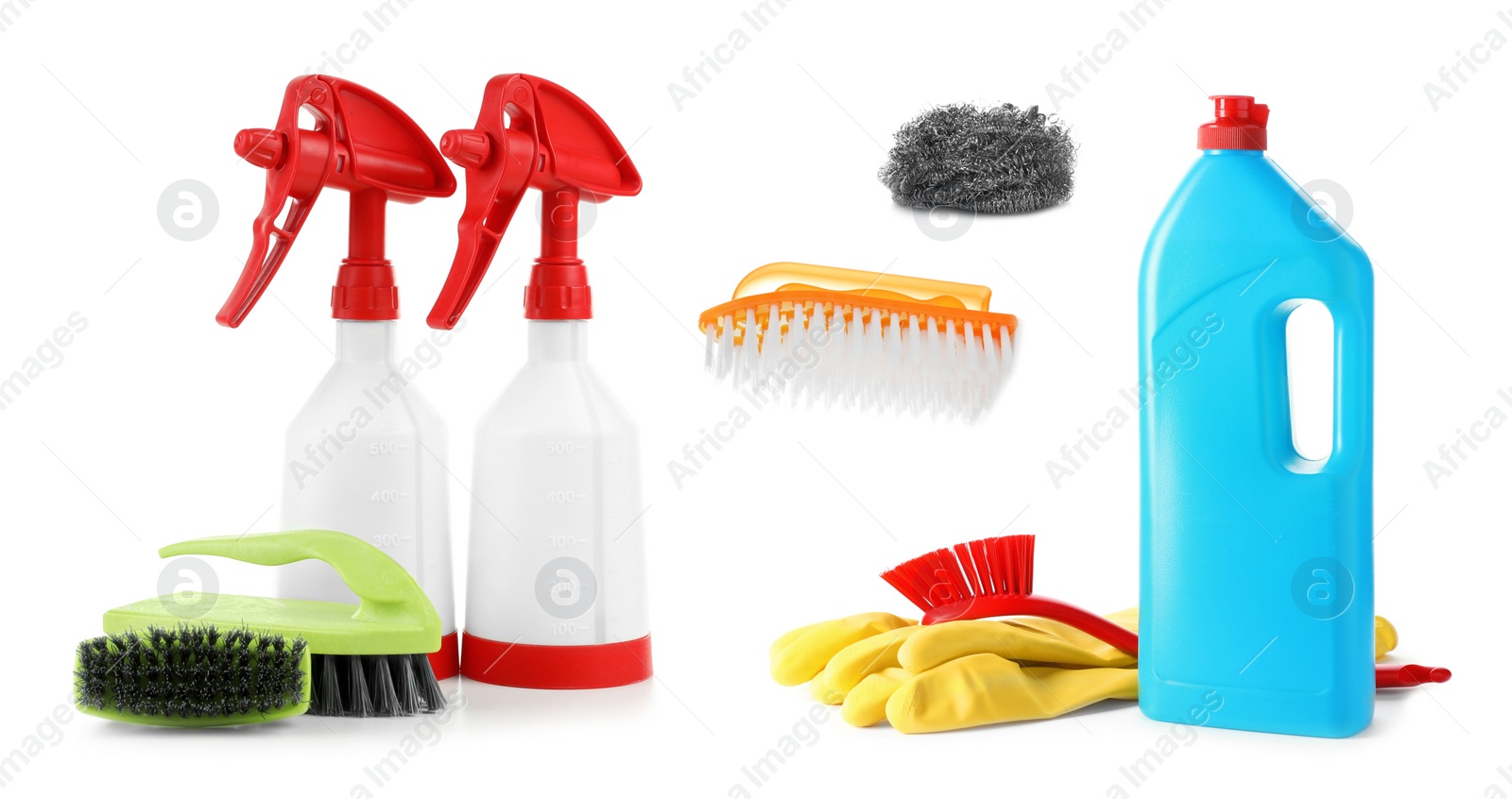 Image of Set with different cleaning supplies on white background, banner design