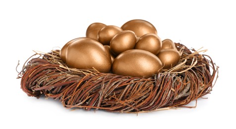 Photo of Many golden eggs in nest on white background