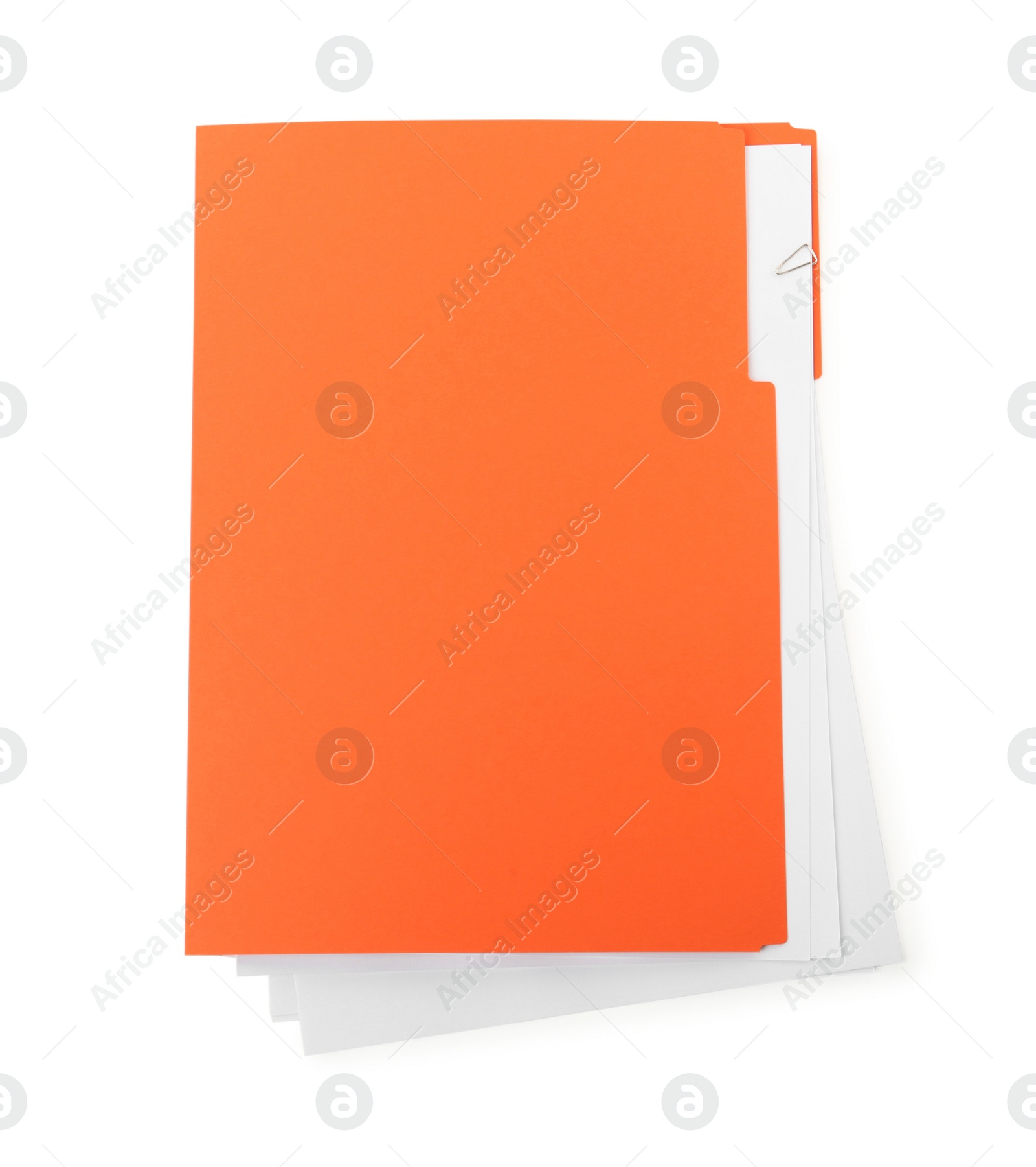 Photo of Orange file with documents isolated on white, top view