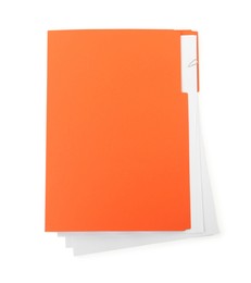 Orange file with documents isolated on white, top view