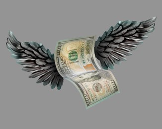 Image of One hundred dollar banknote with wings on grey background