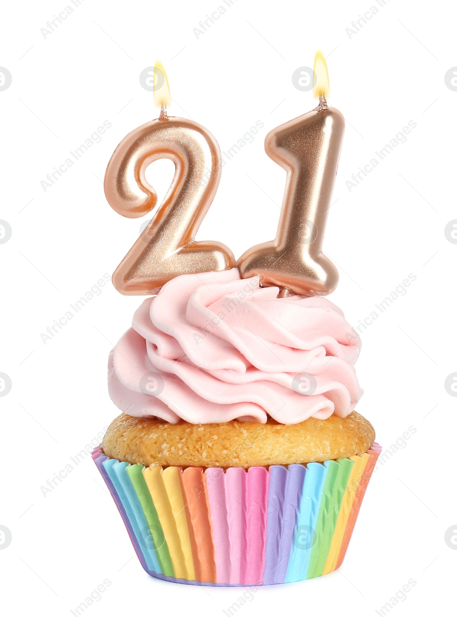 Photo of Delicious cupcake with number shaped candles on white background. Coming of age party - 21th birthday