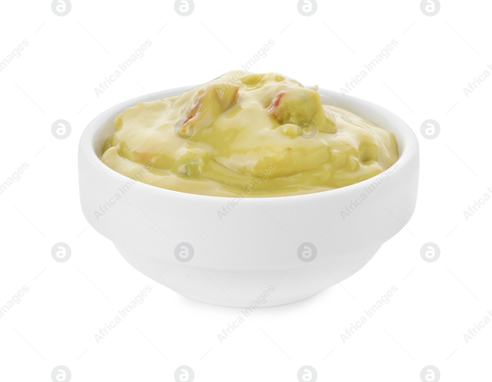 Photo of Delicious guacamole sauce in bowl isolated on white