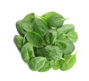 Photo of Pile of fresh green healthy baby spinach leaves on white background, top view