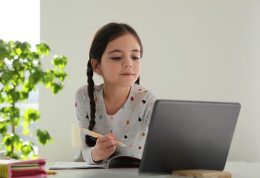 Photo of Little girl doing homework with modern tablet at home