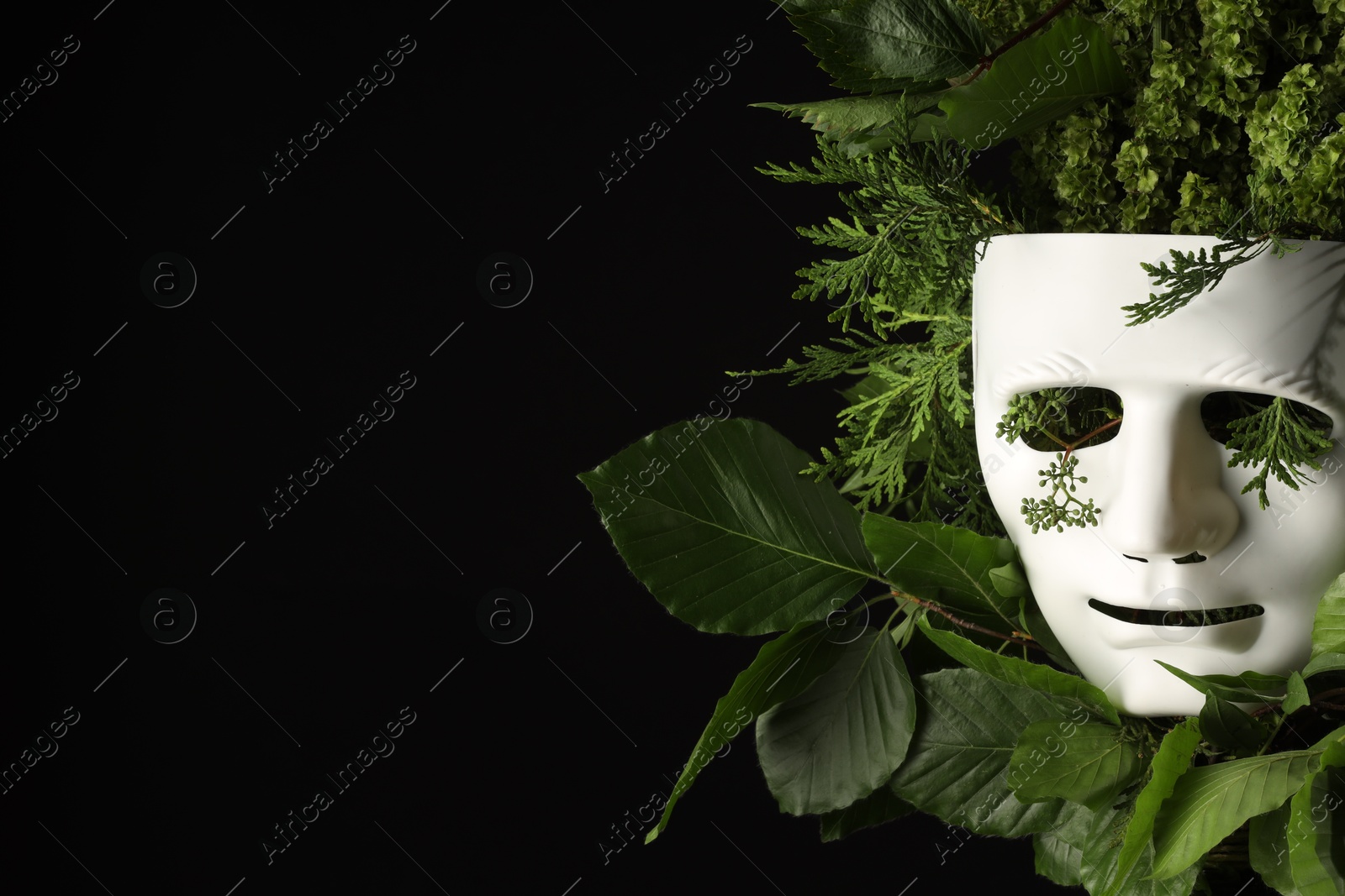 Photo of Theatrical performance. Plastic mask and floral decor on black background, space for text