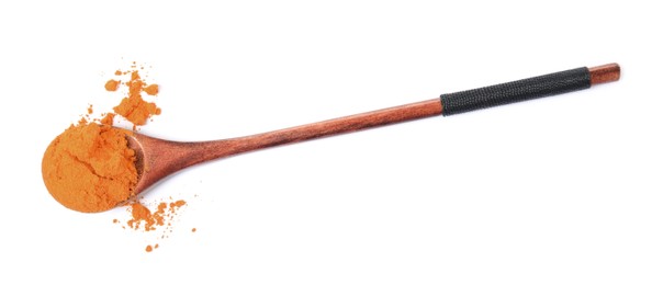 Wooden spoon with saffron powder on white background, top view
