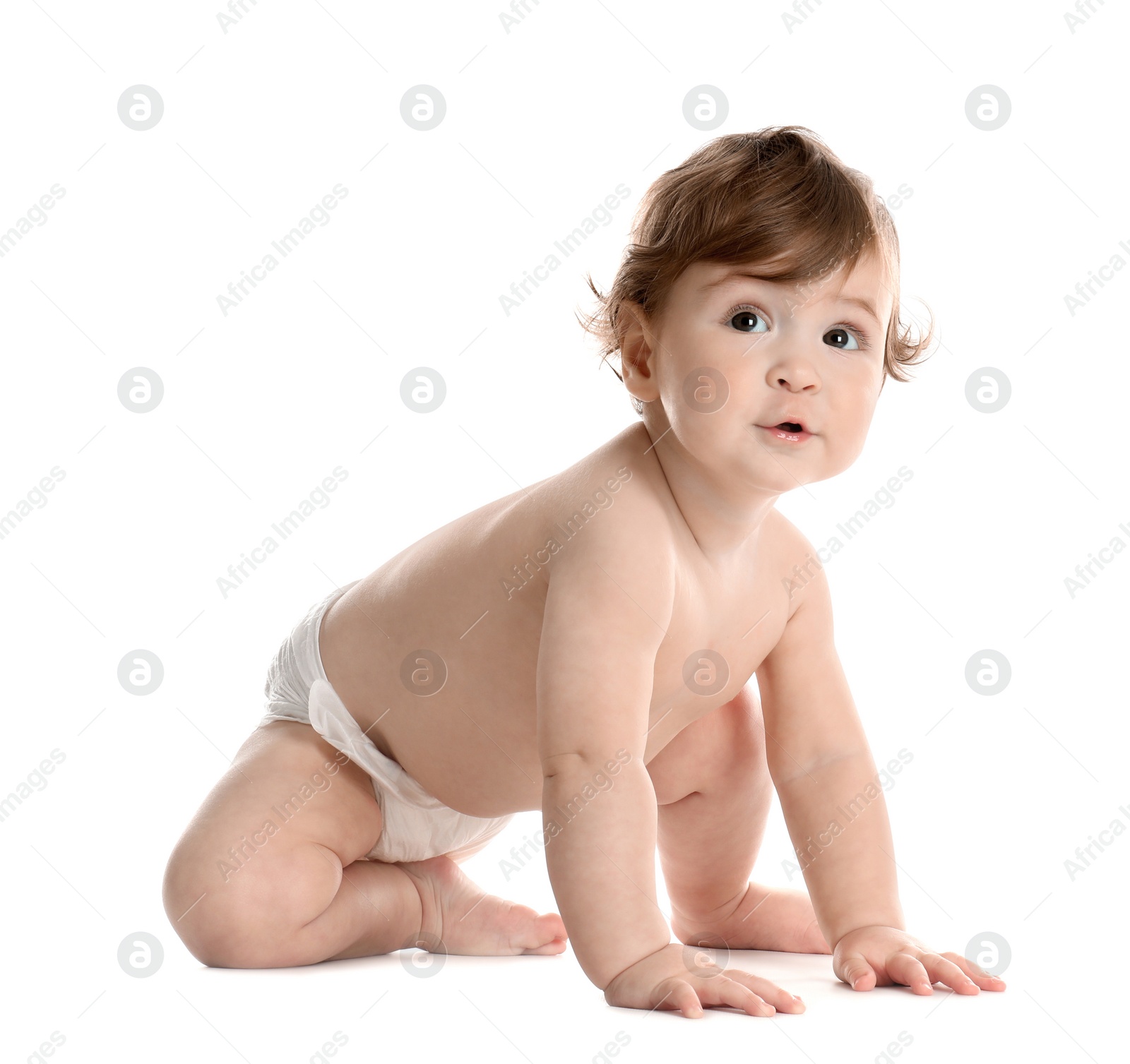 Photo of Cute little baby in diaper on white background