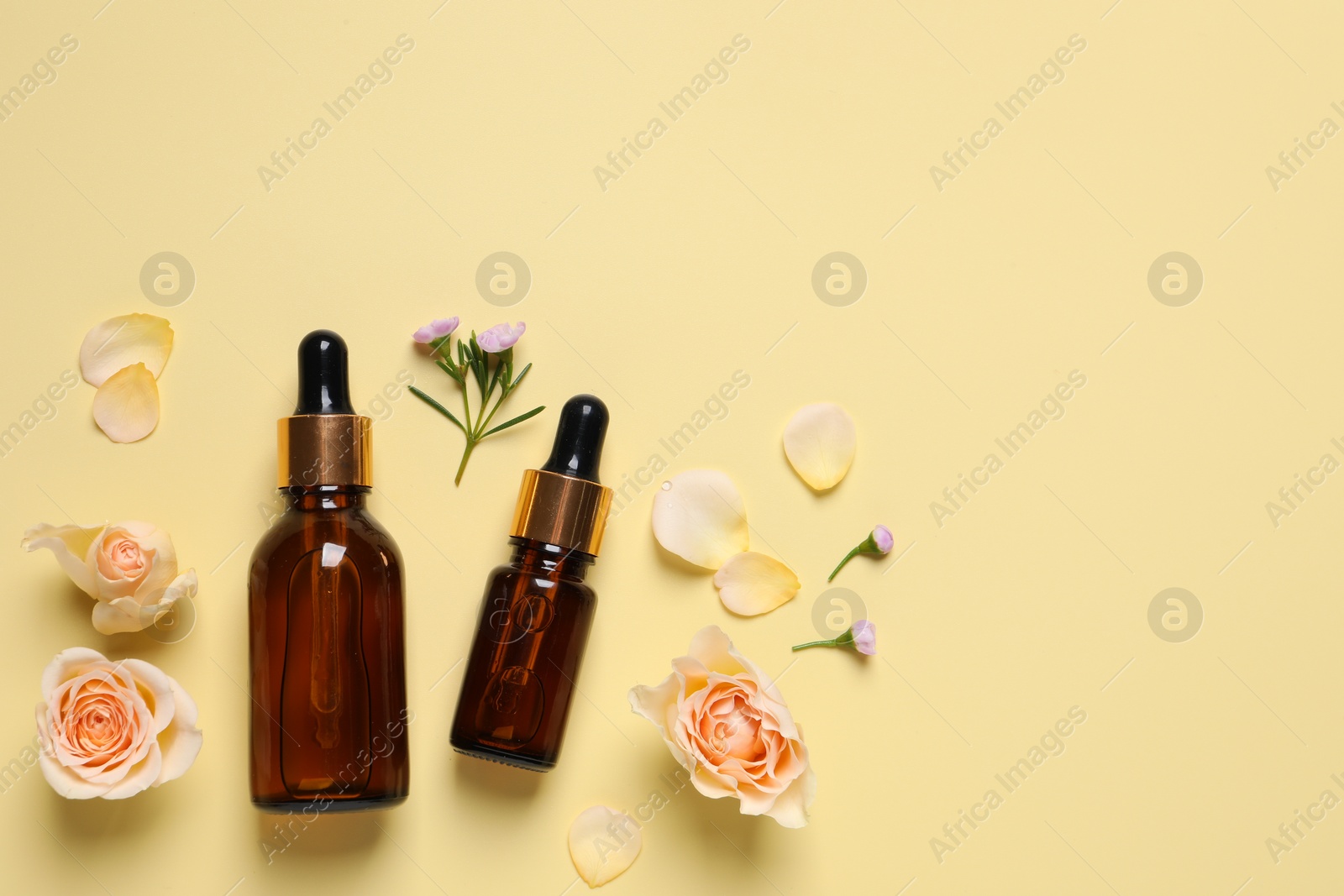 Photo of Bottles of cosmetic serum, beautiful flowers and petals on pale yellow background, flat lay. Space for text