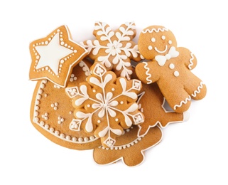 Photo of Pile of Christmas cookies on white background, top view