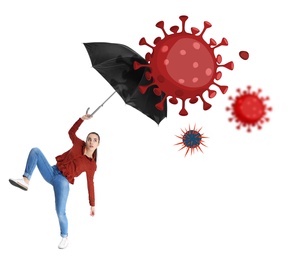 Image of Be healthy - boost your immunity. Woman protecting herself from viruses with umbrella, illustration