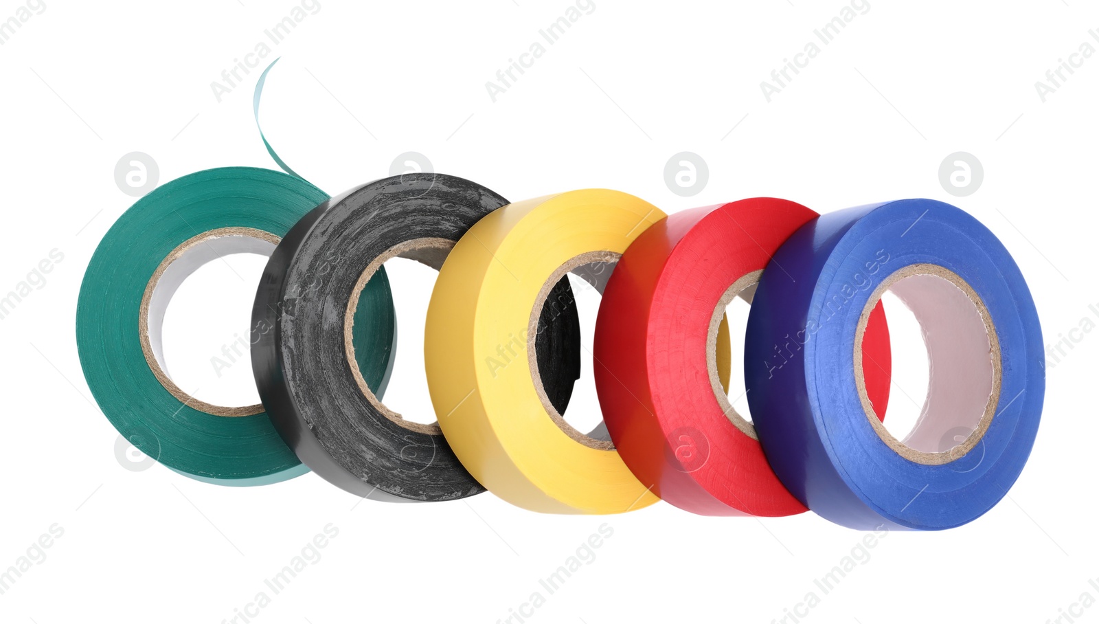 Photo of Colorful insulating tapes on white background. Electrician's supplies