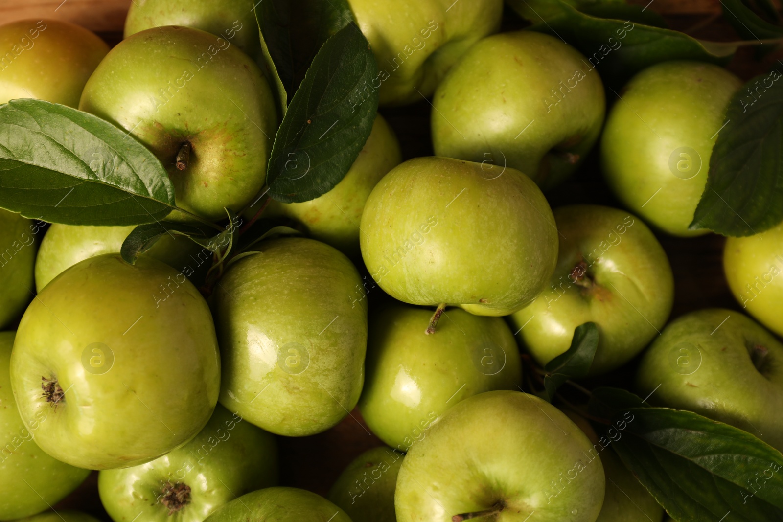 Photo of Fresh ripe green apples with leaves as background, top view