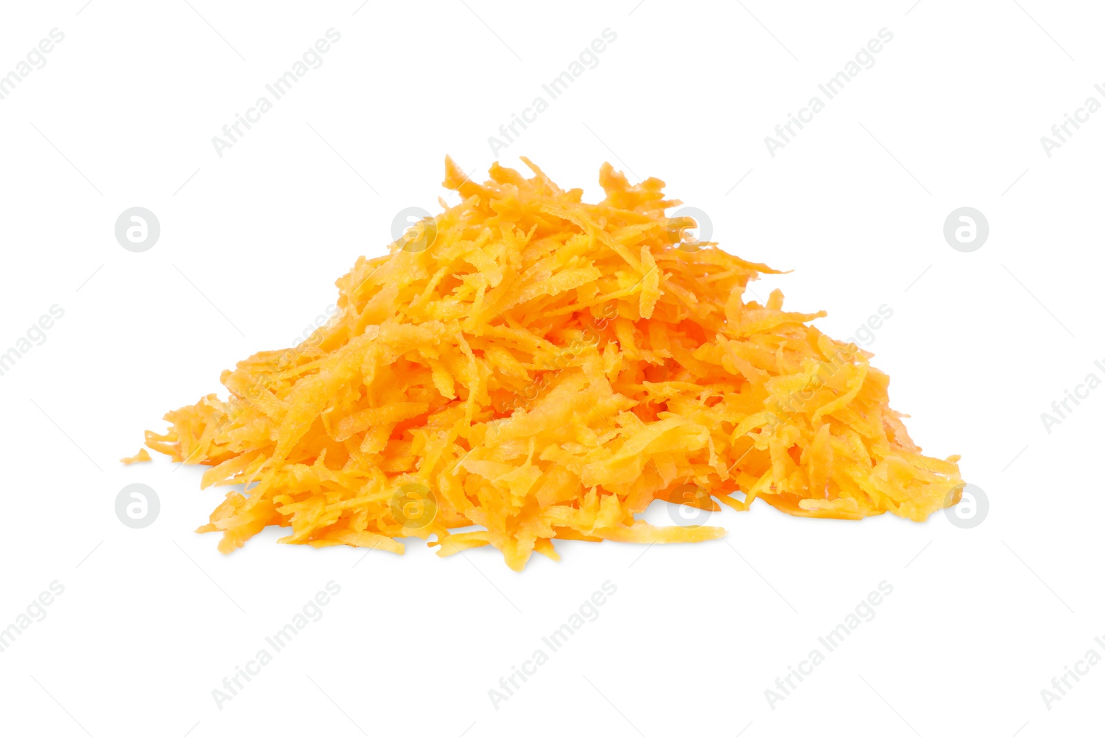 Photo of Pile of fresh grated carrot isolated on white