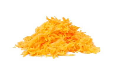 Photo of Pile of fresh grated carrot isolated on white