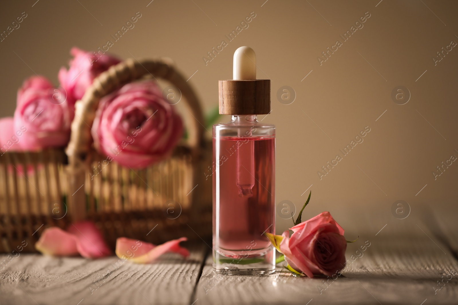 Photo of Bottle of essential rose oil and flowers on white wooden table against beige background, space for text