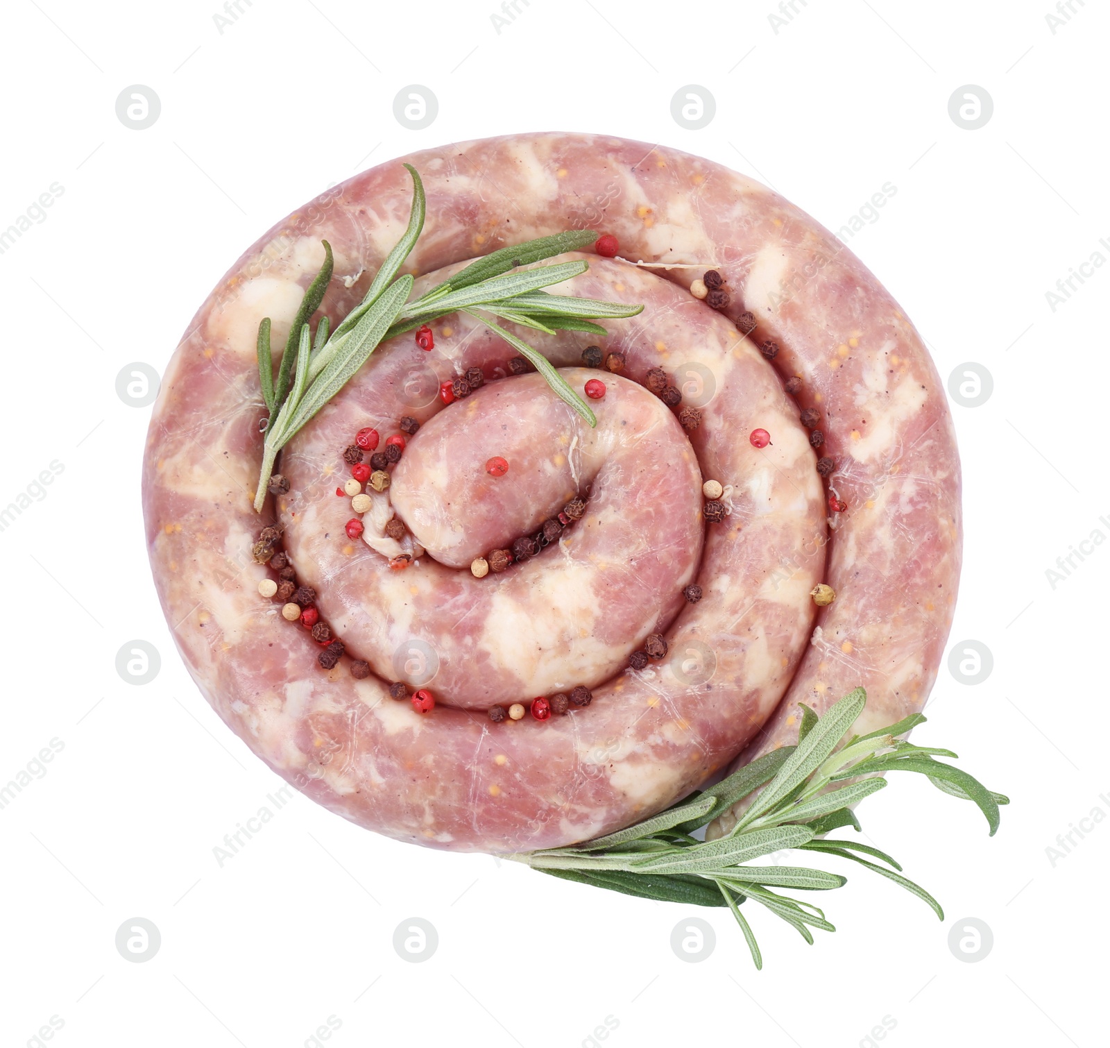 Photo of Homemade sausage, rosemary and spices isolated on white, top view