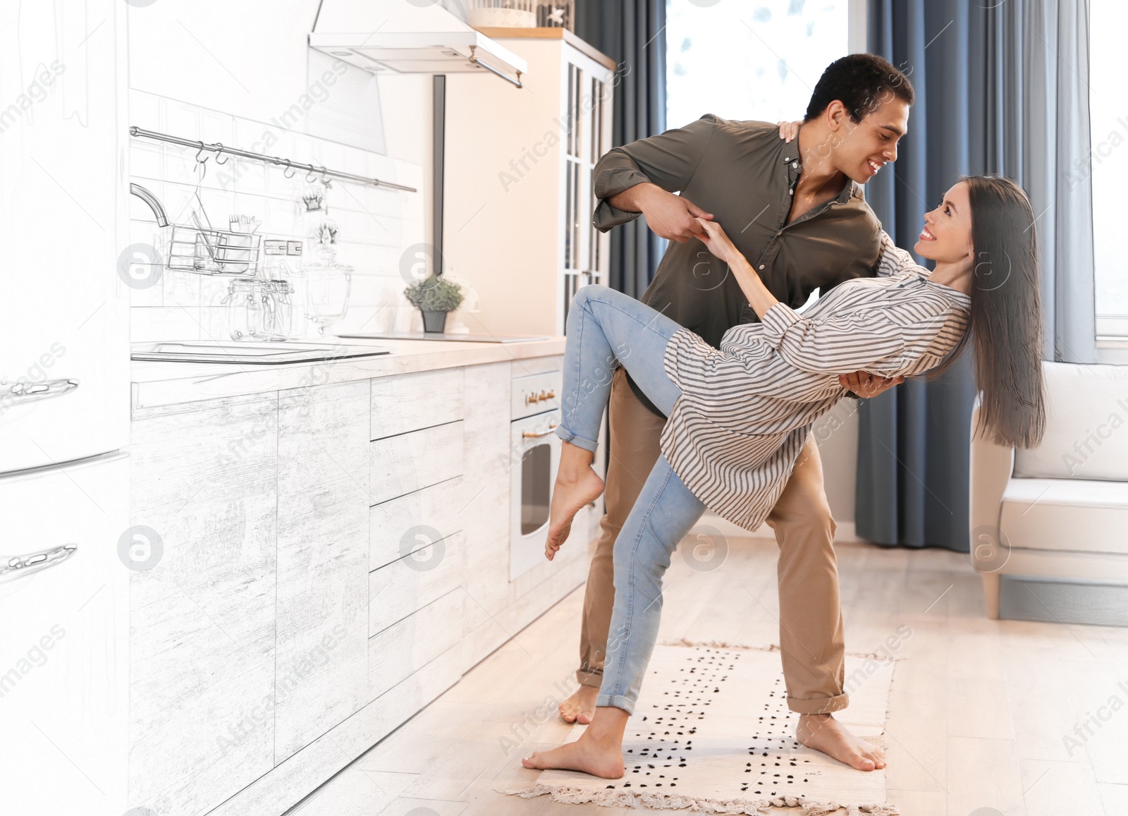 Image of Lovely young interracial couple dancing in their new house 