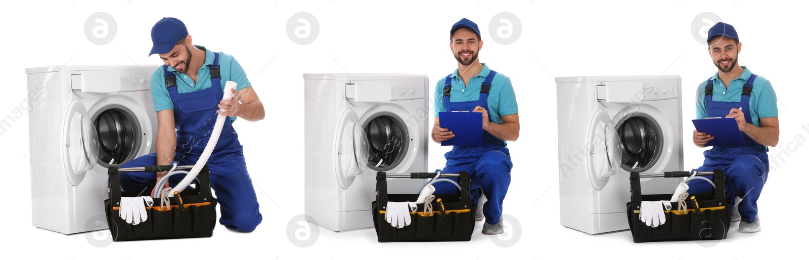 Image of Collage with photos of repairman with near washing machine on white background. Banner design