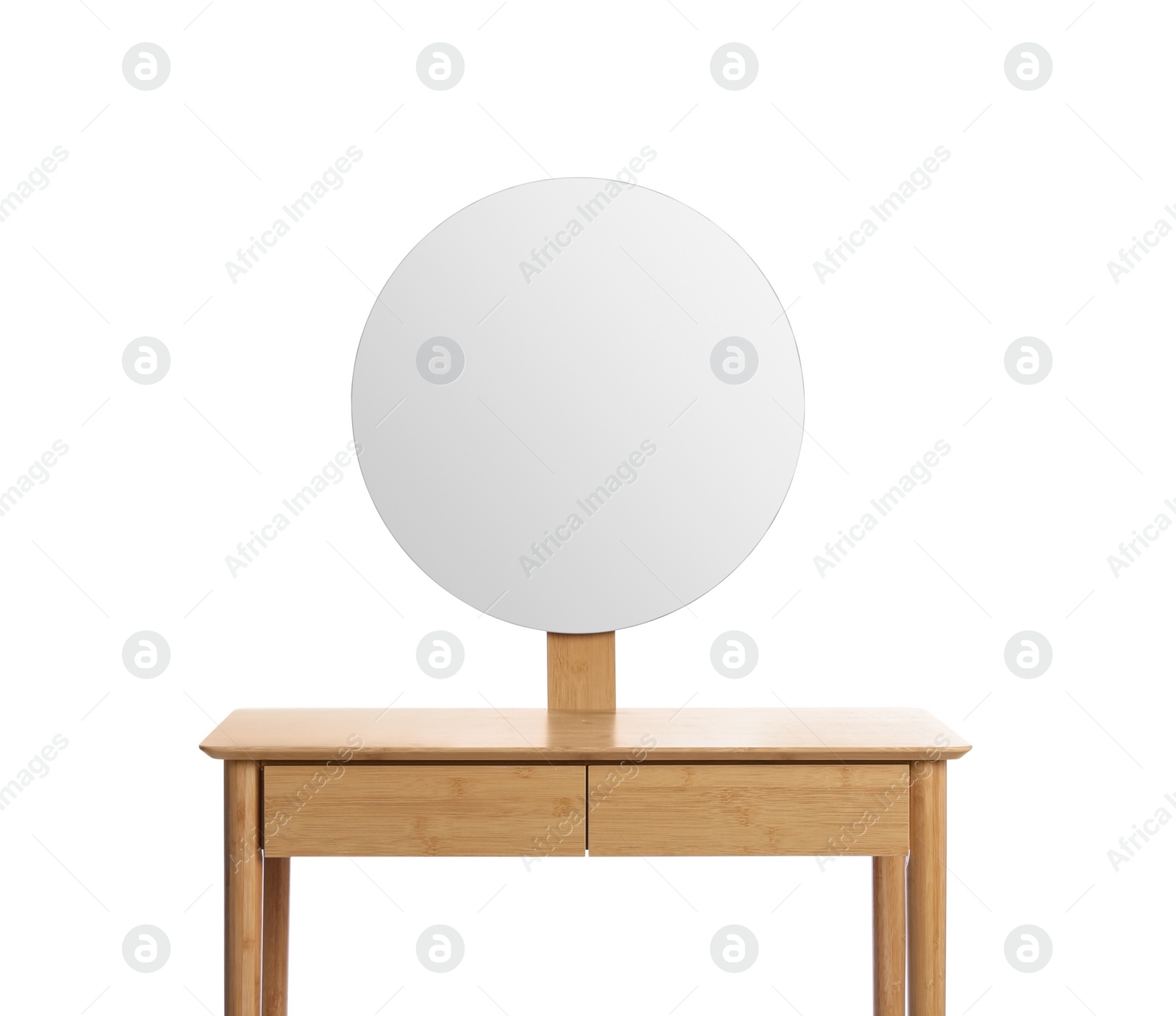 Photo of Modern wooden dressing table with mirror isolated on white