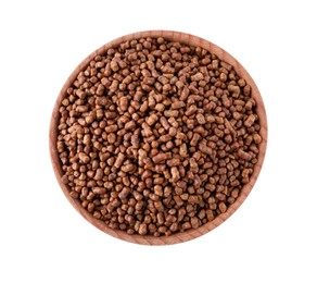Photo of Buckwheat tea granules in bowl on white background, top view
