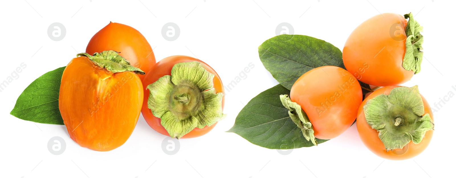 Image of Set of delicious fresh ripe persimmons on white background. Banner design