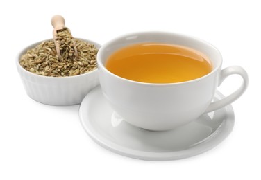 Photo of Aromatic fennel tea in cup, seeds and scoop isolated on white
