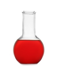 Photo of Flask with color sample isolated on white. Chemistry glassware