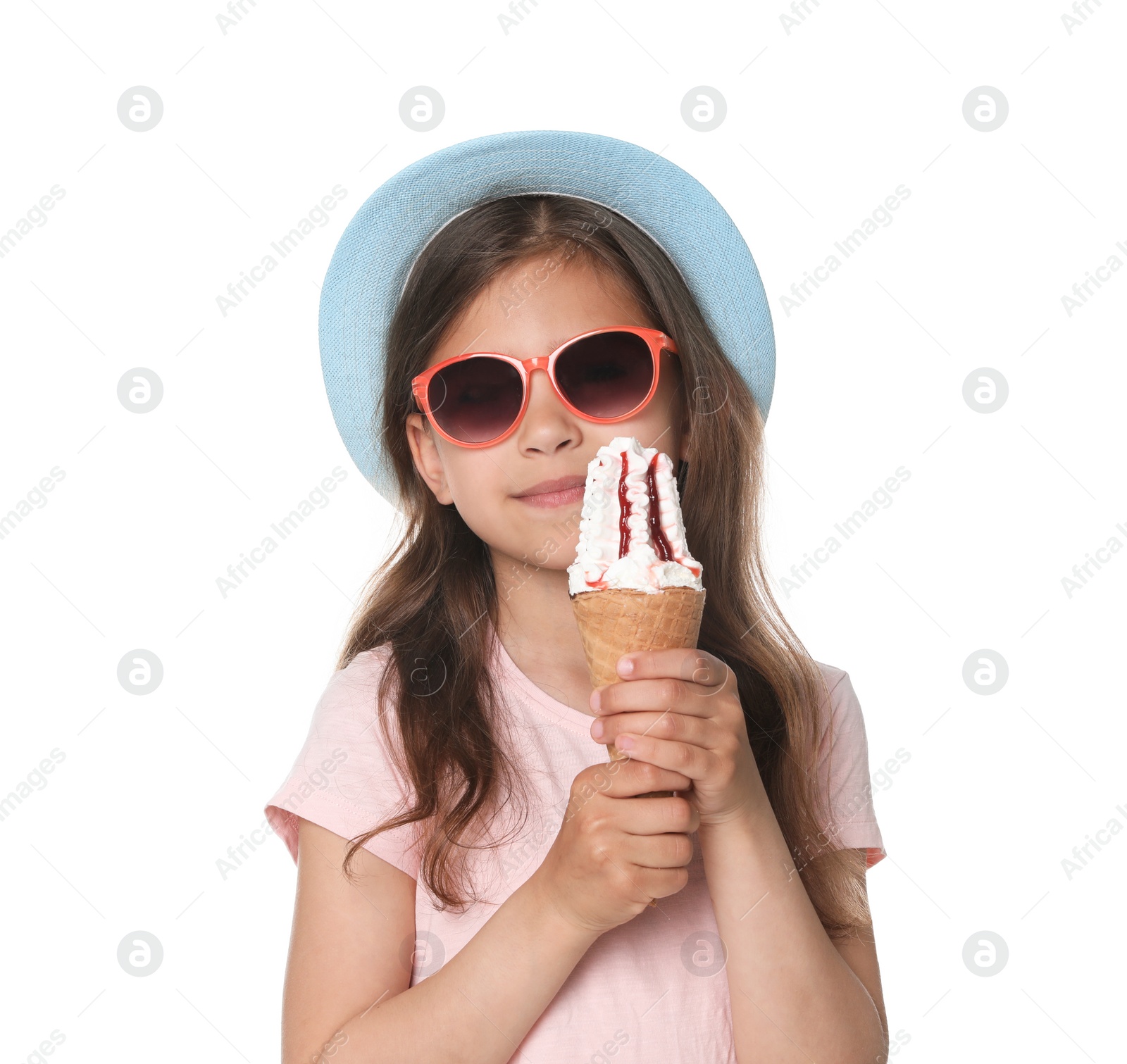 Photo of Adorable little girl with delicious ice cream on white background