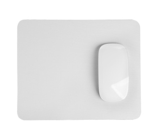 Photo of Wireless optical mouse and pad isolated on white, top view