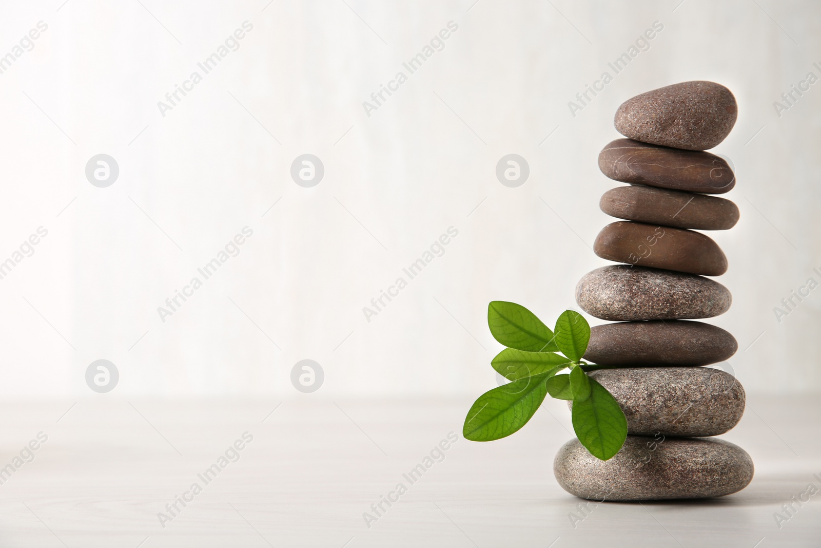 Photo of Stack of spa stones with branch on light background. Space for text