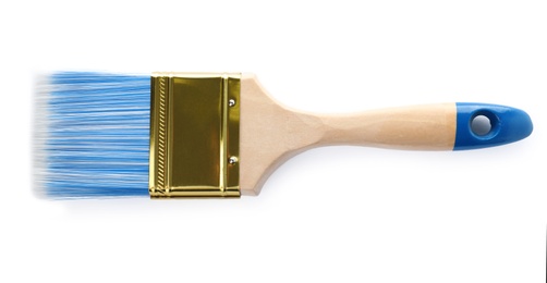 Photo of Paint brush with blue bristle on white background