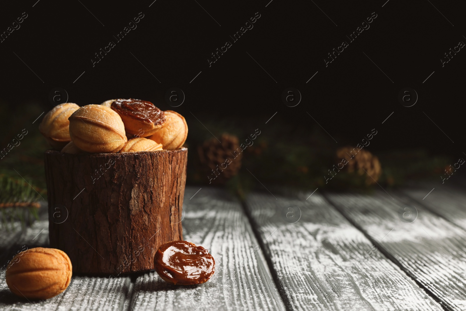 Photo of Homemade walnut shaped cookies with boiled condensed milk, fir branches and cones on wooden table, space for text