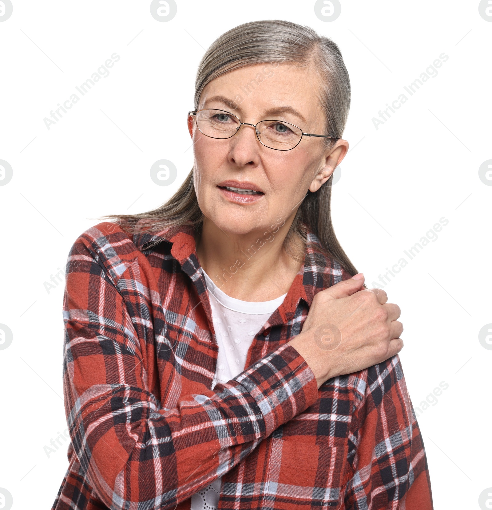 Photo of Arthritis symptoms. Woman suffering from pain in shoulder on white background