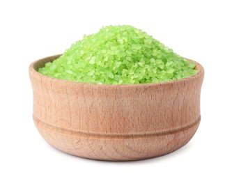 Photo of Wooden bowl with green sea salt on white background