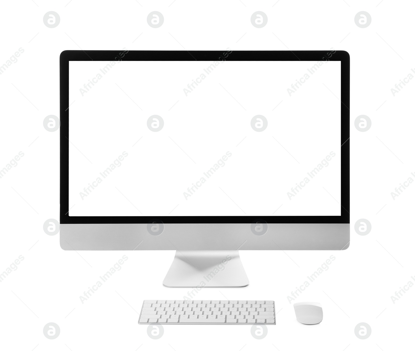 Photo of Modern computer with blank monitor screen and peripherals on white background