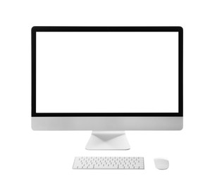 Photo of Modern computer with blank monitor screen and peripherals on white background