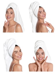 Image of Collage with photos of beautiful young woman with towels on white background