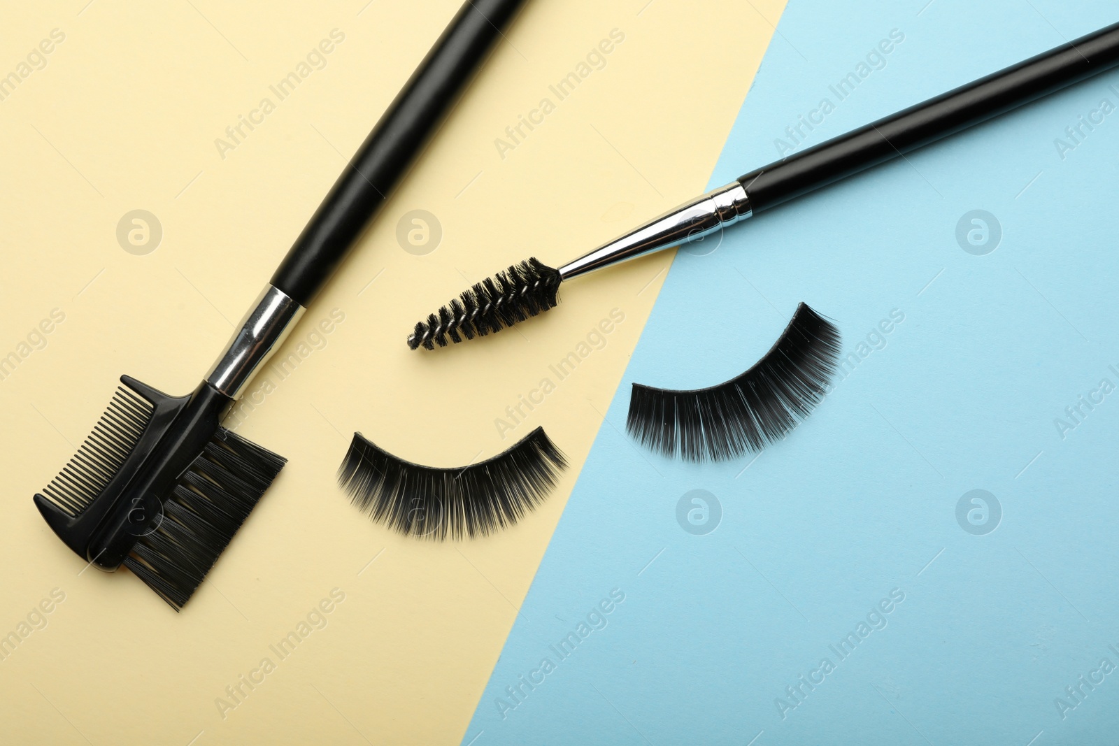 Photo of Brushes and artificial eyelashes on color background, top view