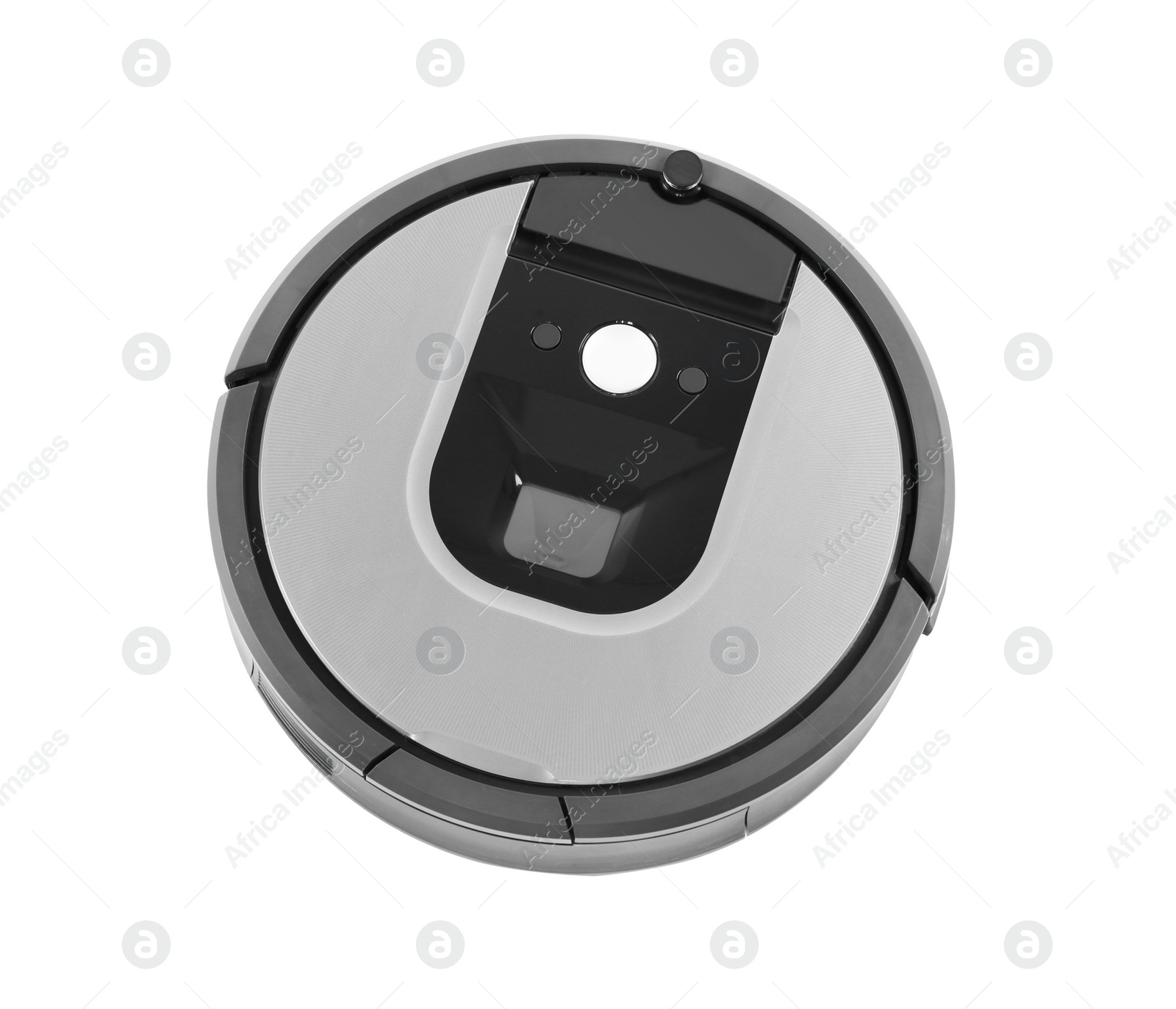 Photo of Modern robotic vacuum cleaner isolated on white, above view