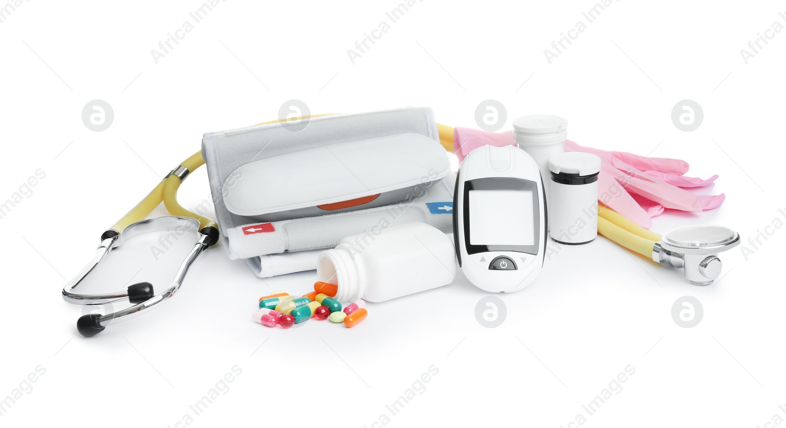 Photo of Different medical objects on white background. Health care