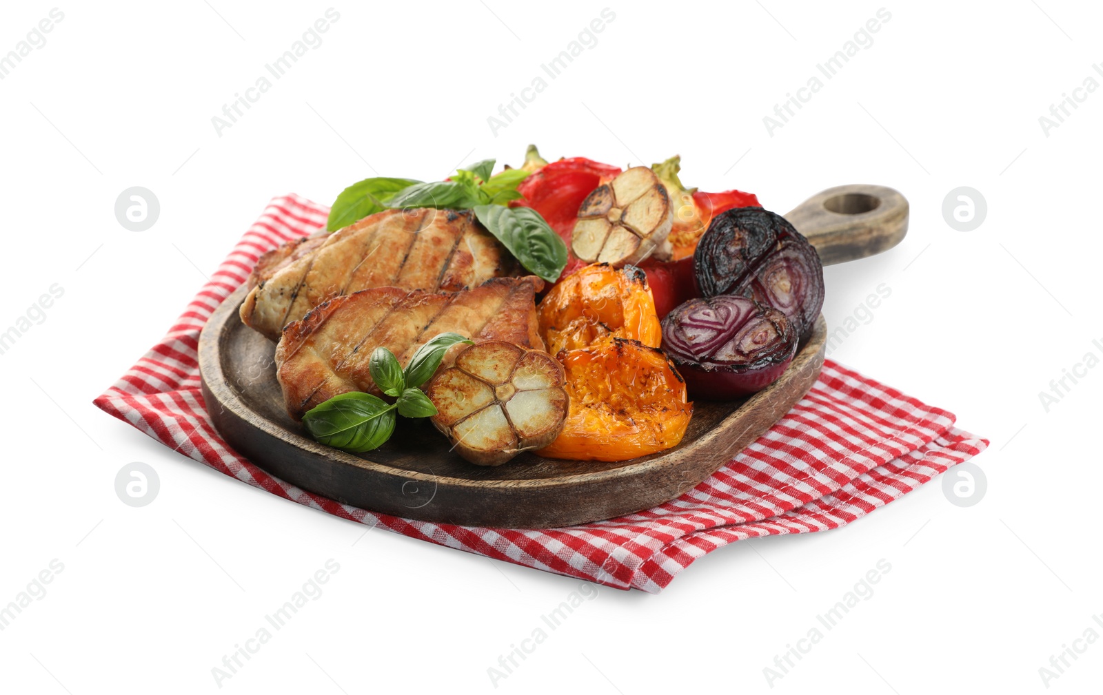 Photo of Board with tasty grilled vegetables, meat and basil isolated on white