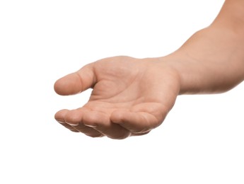 Man holding something in hand on white background, closeup