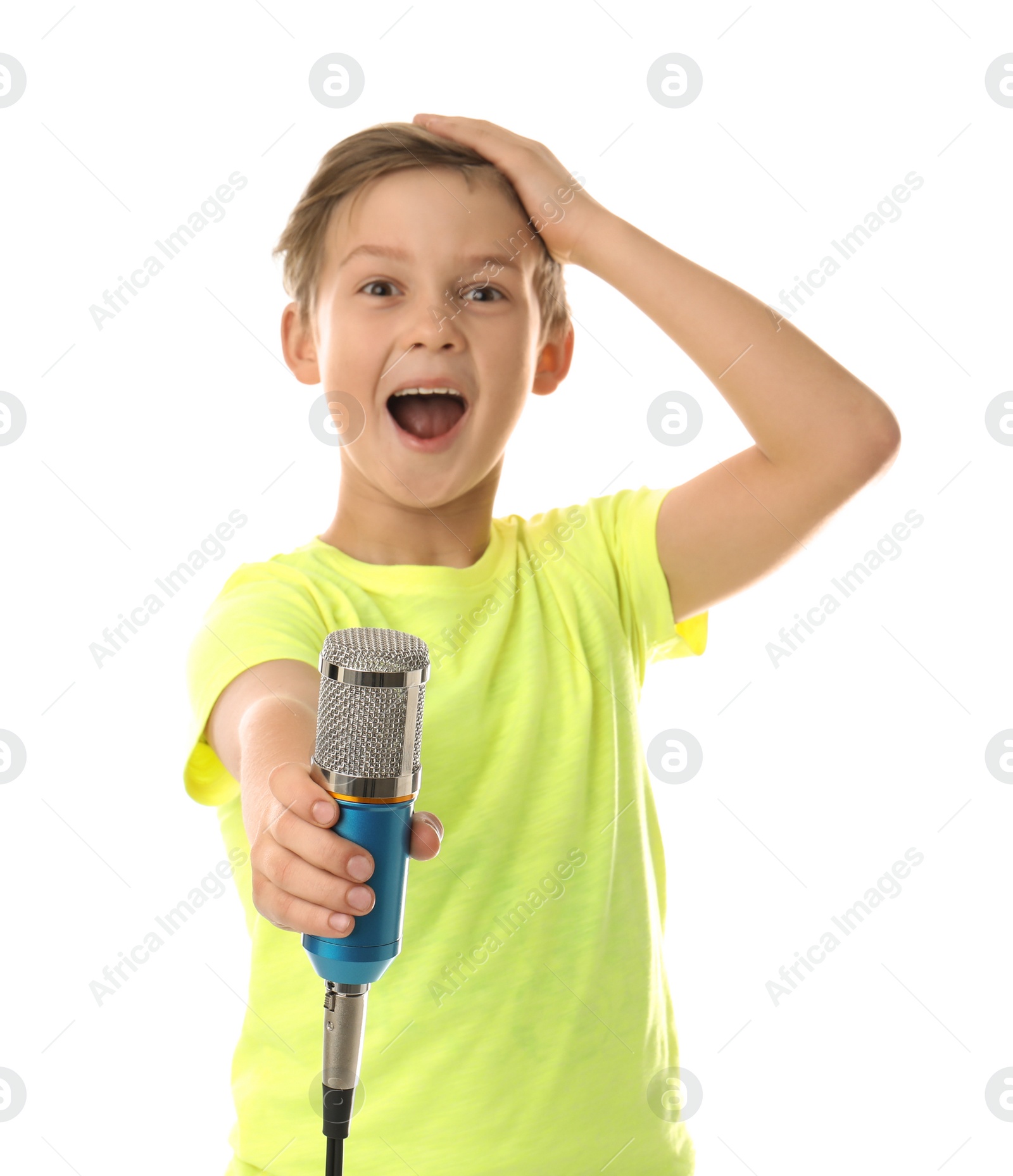 Photo of Cute boy with microphone on white background